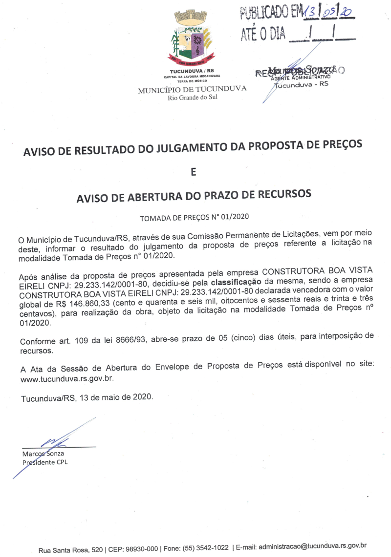 TMP 01/2020 AVISO DE RESULT DO JULG PROPOSTA E ABERT PRAZO RECURSOS